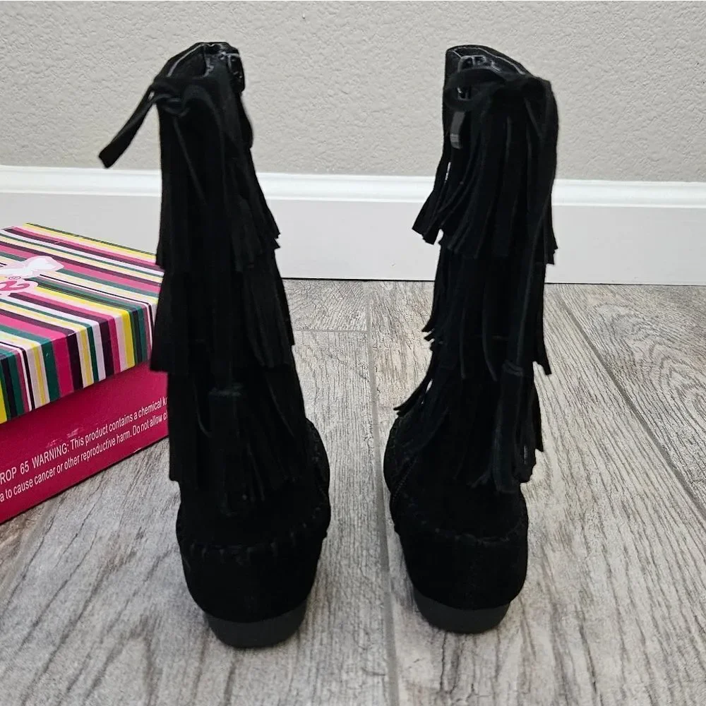 Link Candice 16KA Black Faux Suede Fringe Mid Calf Boots Size 5T